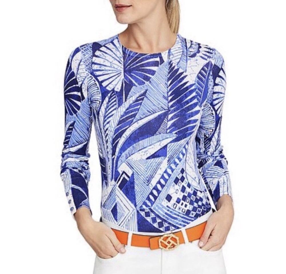 J. McLaughlin Cotton Blend Blue/White "Royal Palm" Crewneck LENNY Sweater M